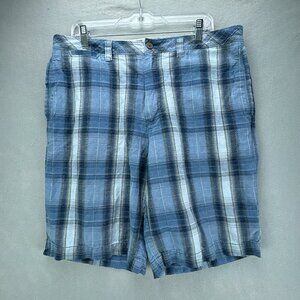 Tommy Bahama Shorts Mens 36 Blue Plaid Chinos Linen‎ Silk Blend 10" Inseam